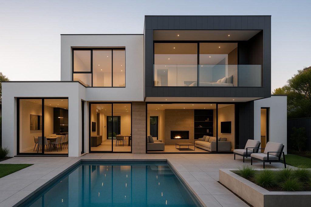 Modern luxury home exterior showcasing innovative architecture and custom design features