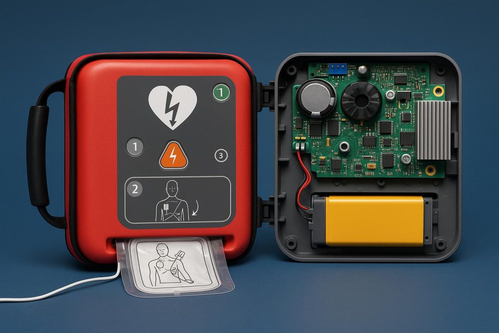 Close-up of advanced defibrillator components enhancing reliability in community AED programs