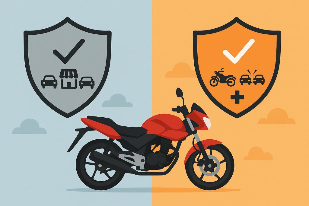 Comprehensive bike insurance policy document beside a protected motorcycle on a city street