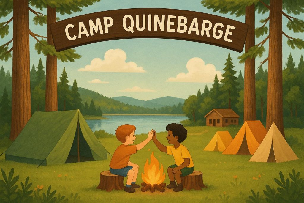 Children making friends around a campfire at Camp Quinebarge summer camp in nature