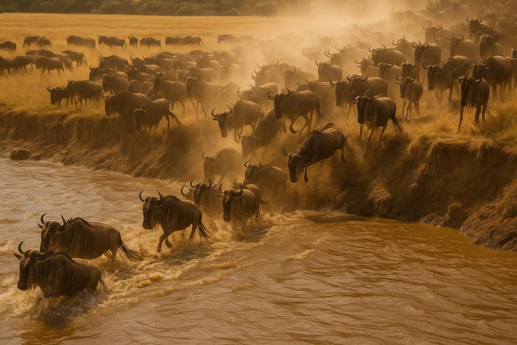 Thousands of wildebeest crossing a river during the annual Great Migration in Serengeti.