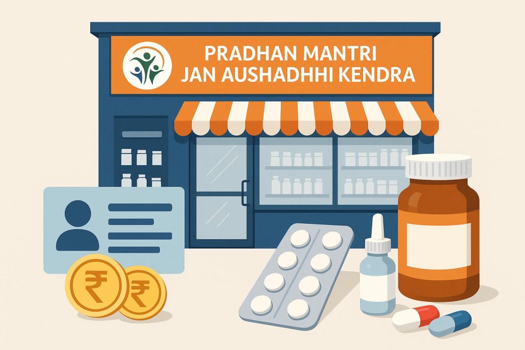 Pradhan Mantri Jan Aushadhi Kendra exterior showing affordable generic medicines signage