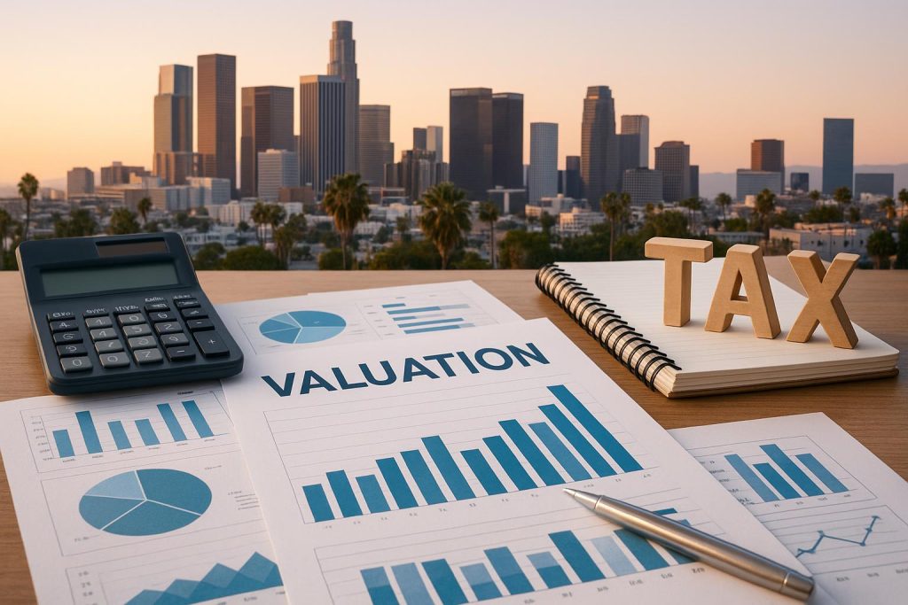 Downtown Los Angeles skyline with business district representing valuation and tax compliance services