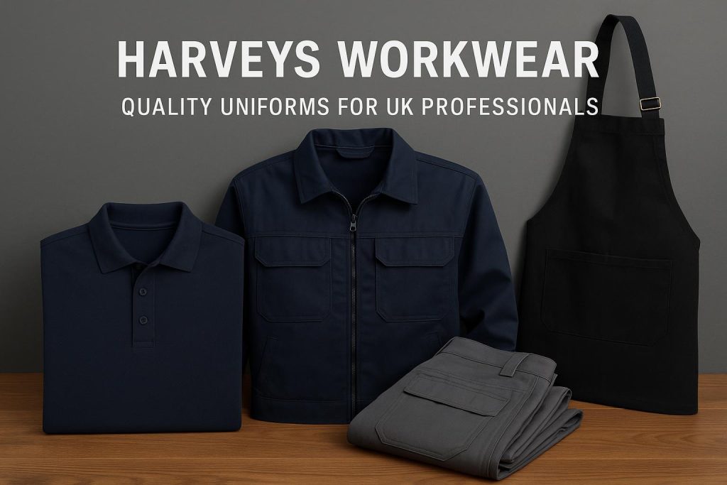 Harveys Workwear branded uniforms displayed for UK professionals in various industries
