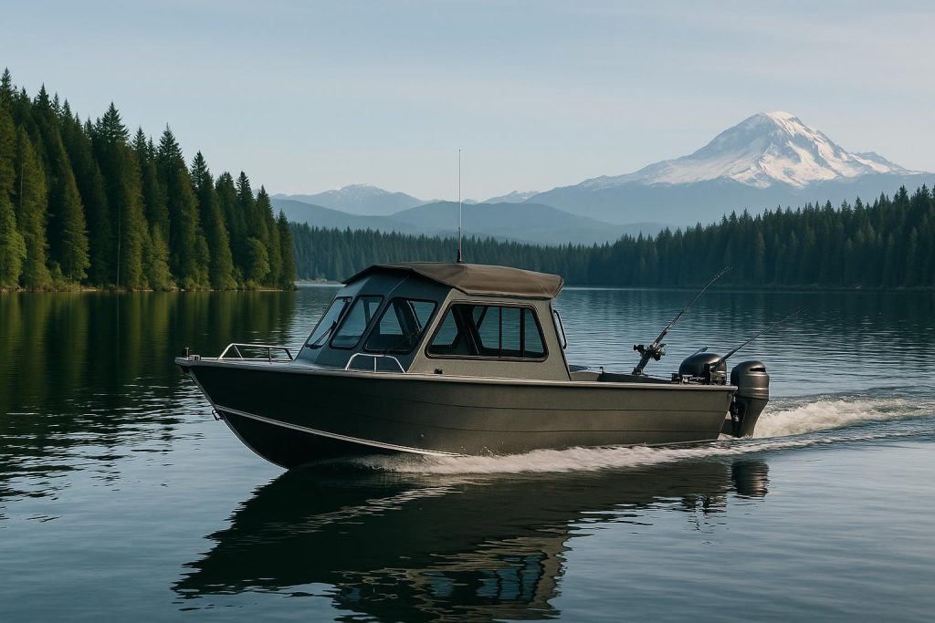 Fishing boat navigating Washington waters with scenic coastline and evergreen trees in background