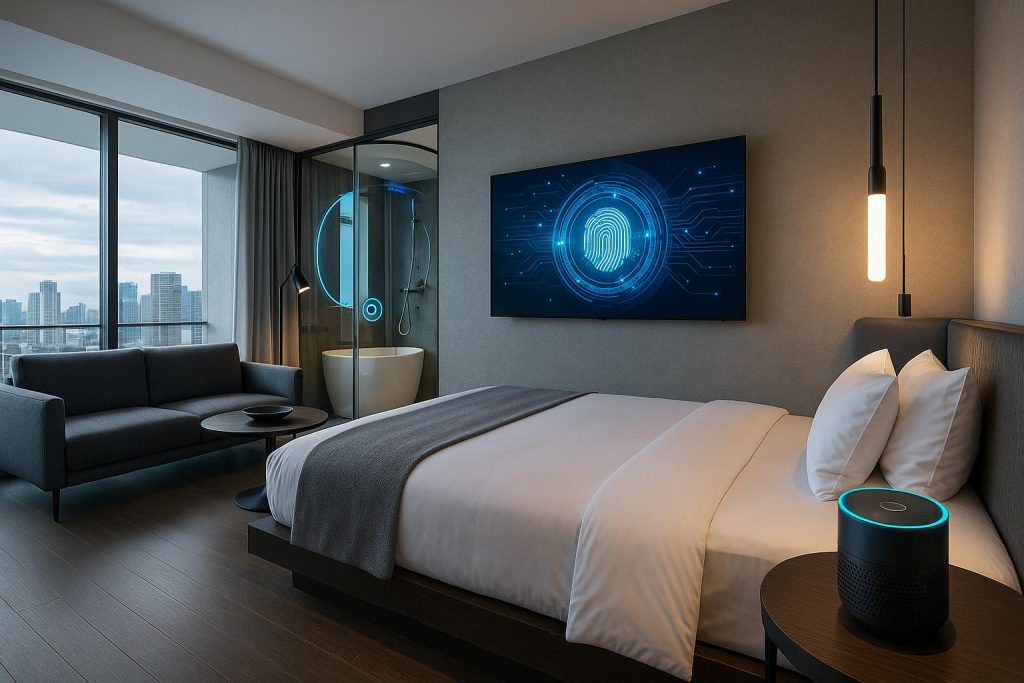 Futuristic hotel lobby showcasing innovative technology and luxurious modern interior design