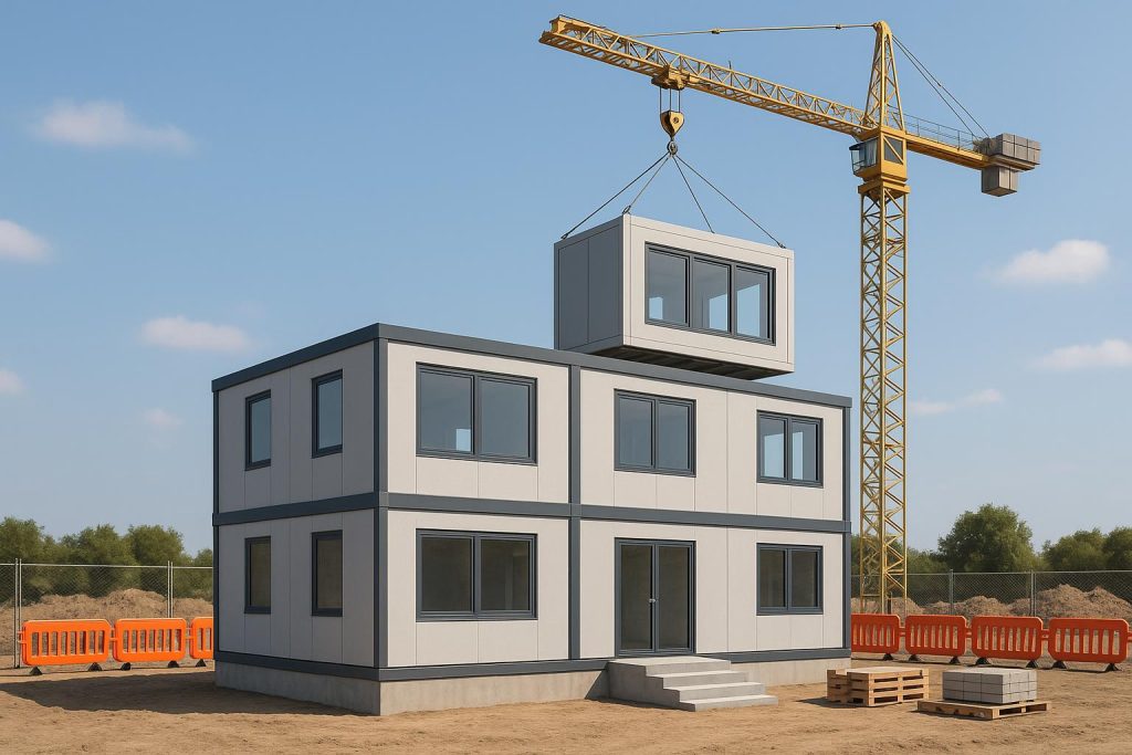 Modern modular office building under construction with prefabricated sections and cranes onsite