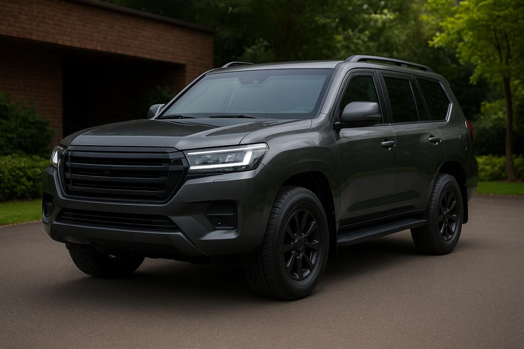 Luxury bulletproof SUV parked in upscale neighborhood emphasizing family safety and protection
