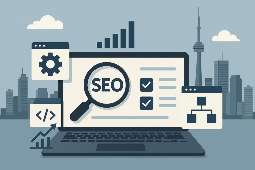 Toronto skyline with SEO icons and checklist, representing technical SEO strategies for businesses