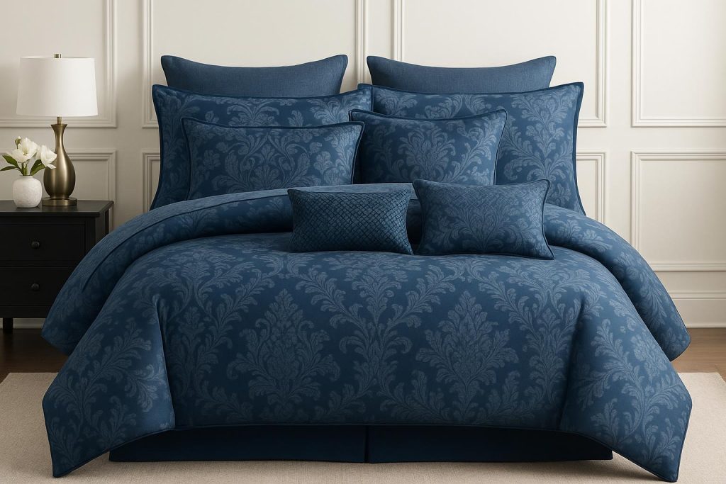 Stylish blue comforter set neatly arranged on a bed with matching pillows and bedroom decor