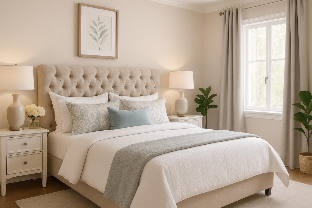 Stylish guest bedroom with modern bedding, cozy decor, and neutral color palette makeover ideas