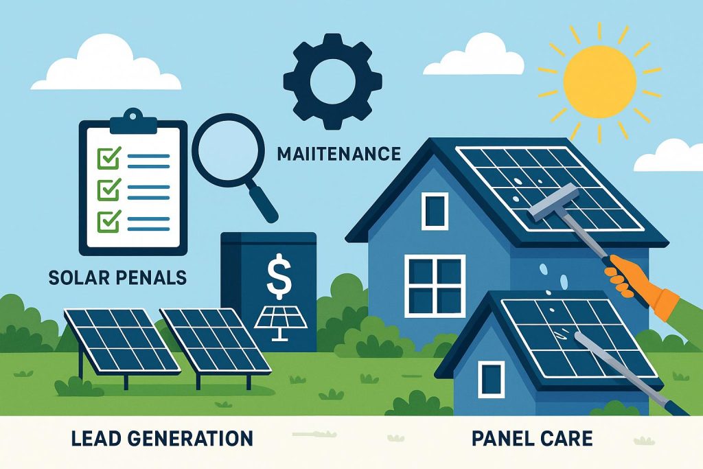 Solar panels on rooftop with clean, well-maintained surfaces under sunlight for lead generation tips