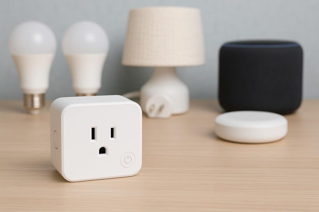 Smart plug connected to a lamp and coffee maker, showcasing home automation possibilities