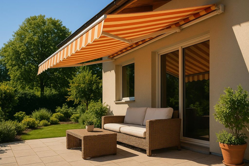 Striped patio awning shading outdoor seating area, protecting windows and creating café-style charm