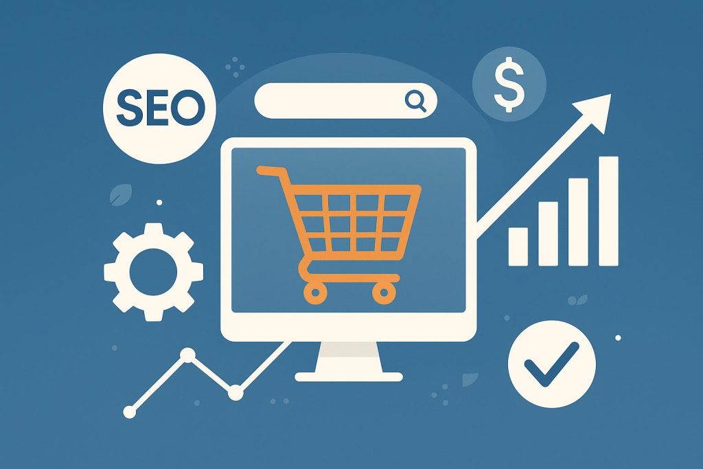 Modern ecommerce website dashboard with SEO growth charts, symbolizing online business success
