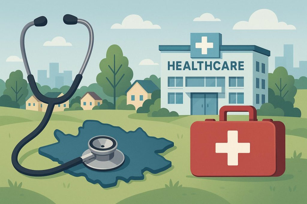 Community clinic building symbolizing improved access to healthcare and local wellbeing