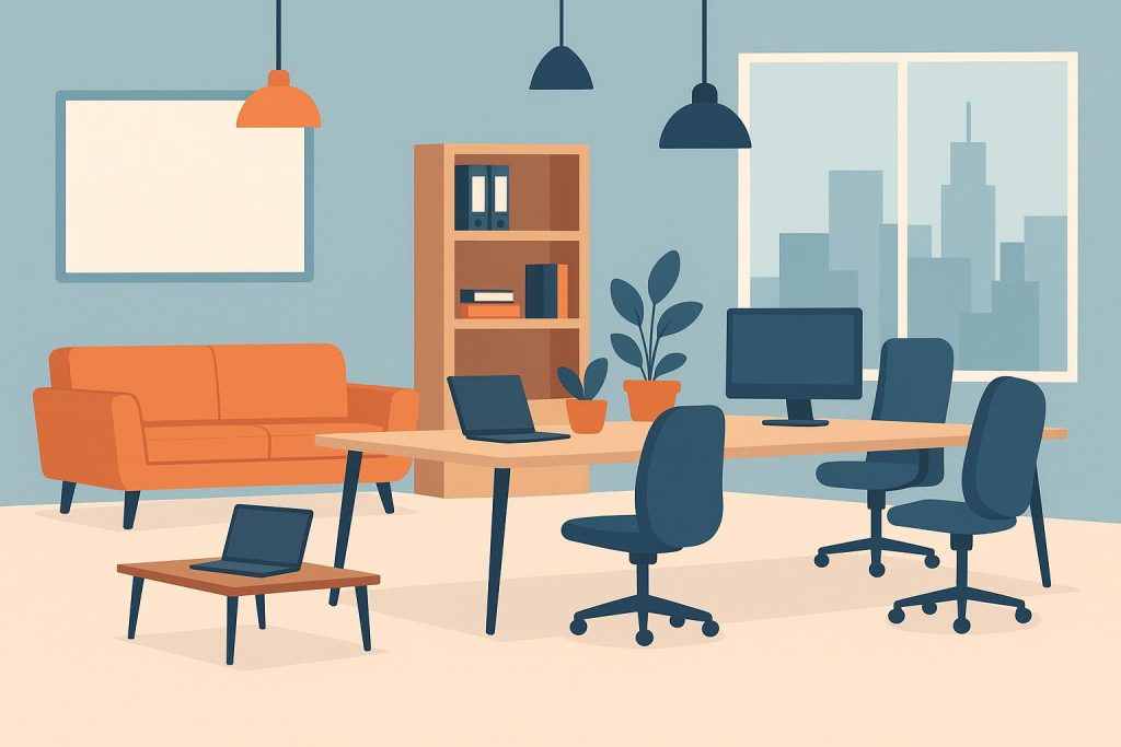 Modern coworking office with startups collaborating and working on laptops in open workspace