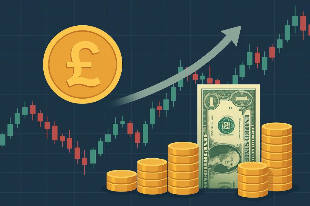 British pound and US dollar symbols with financial charts illustrating GBP/USD exchange rate trends
