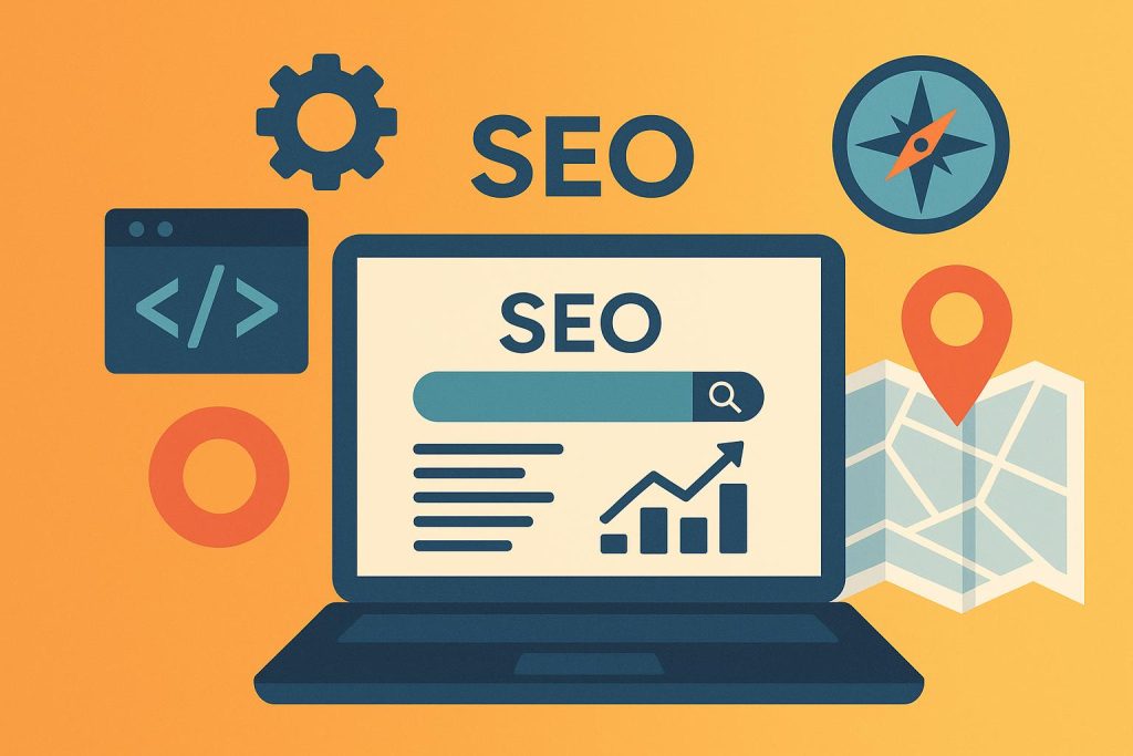 Abstract graphic illustrating integration of SEO strategies with geolocation technology for developers