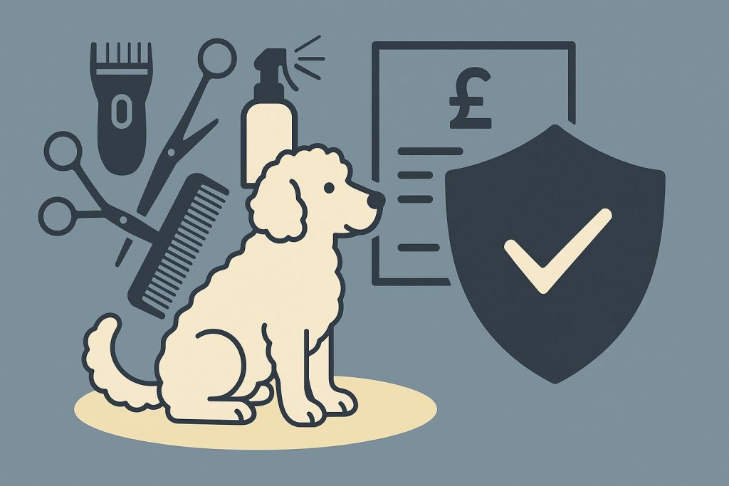 Dog groomer trimming a small dog in a UK salon, representing business insurance needs