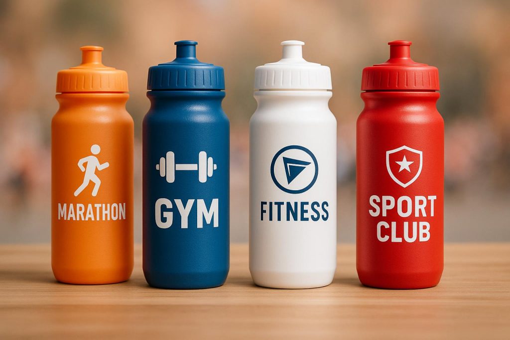 Assorted branded sports bottles displayed as must-have merchandise for marathons, gyms, and clubs