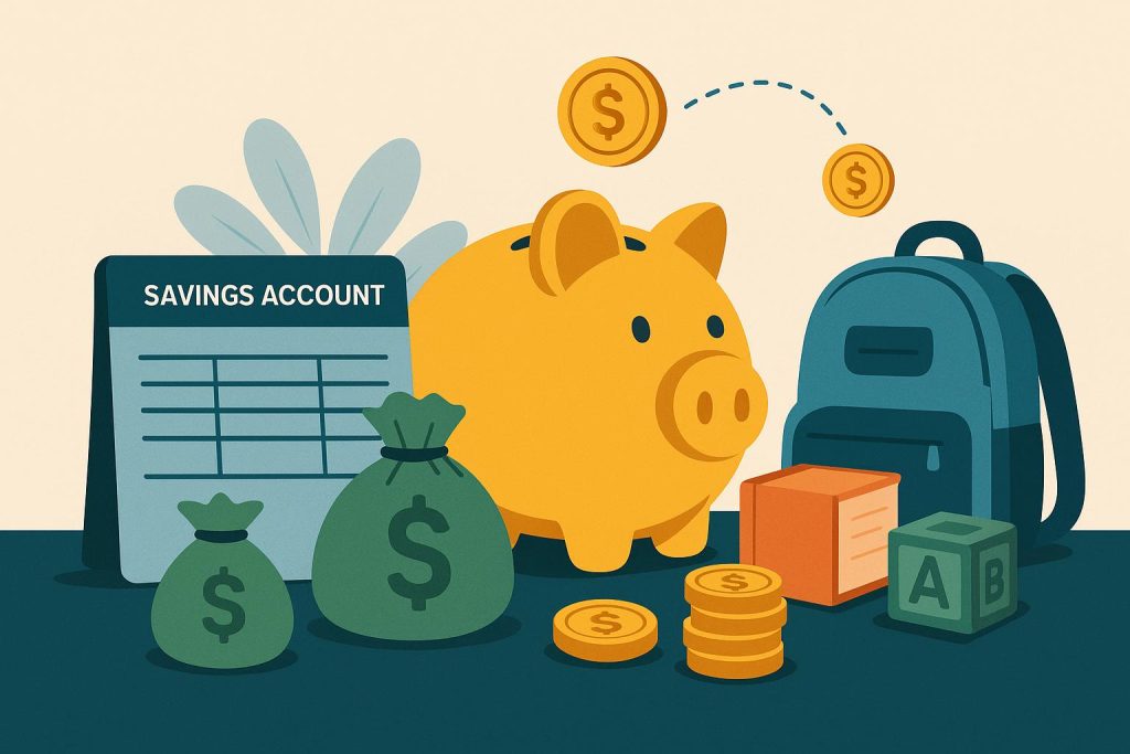 Piggy bank, calculator, and coins on a table symbolizing savings accounts for children's expenses