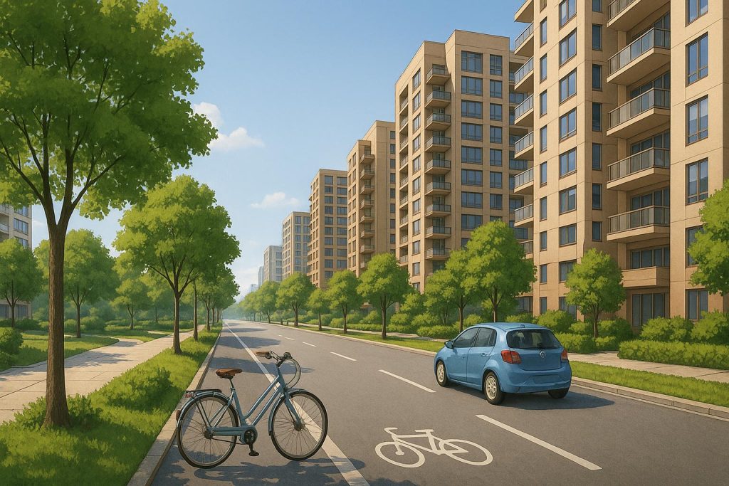 Modern condos near pedestrian-friendly streets with minimal cars in a car-lite urban district