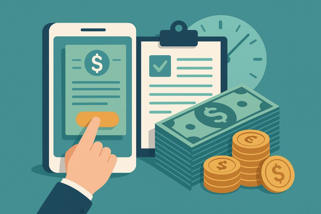 Mobile phone displaying instant personal loan approval screen with money and documents in background