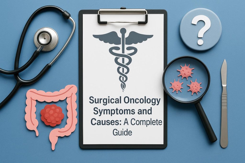 Surgical oncology concept with medical tools, tumor illustration, and cancer awareness symbols