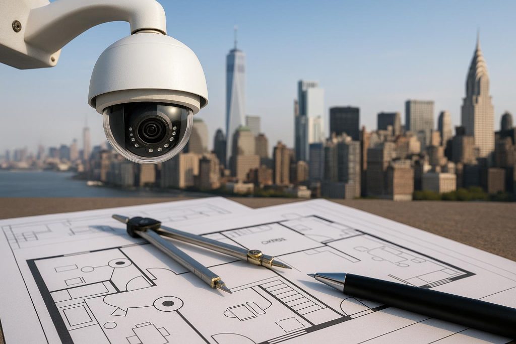 Business security camera installation setup in NYC office, surveillance system planning