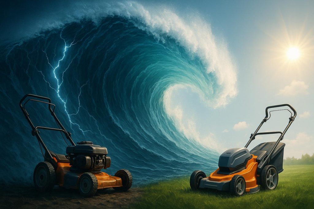 Electric lawn mower replacing gas-powered model, highlighting shift in outdoor power equipment
