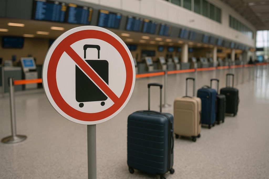 Airplane overhead bins filled with carry-on luggage highlighting new airline restrictions