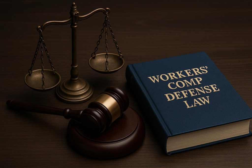Why Choosing the Right Workers Comp Defense Law Firm Matters More Than Ever Workers compensation defense law firm building with legal documents and gavel in foreground