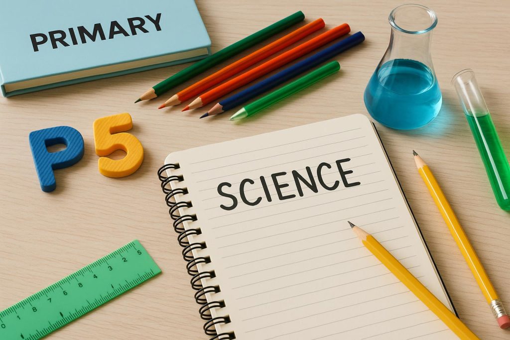 Student studying science with books and lab equipment for Primary 5 PSLE exam preparation tips