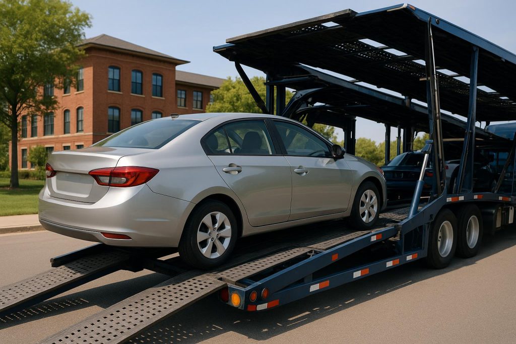 Car carrier truck transporting vehicles for college student moving to campus