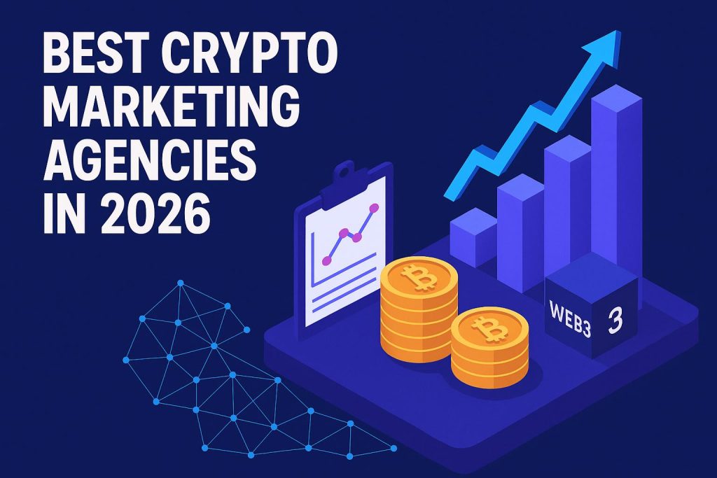 Cryptocurrency marketing agency logos with Web3 graphics illustrating digital growth strategies