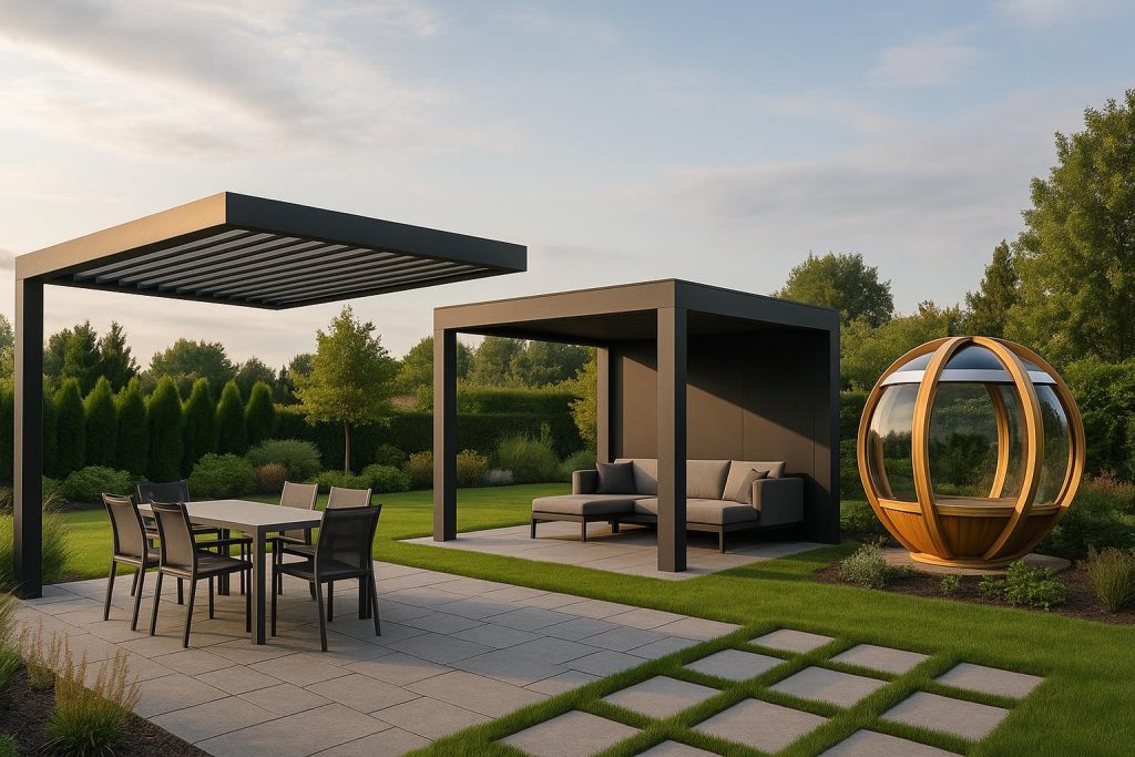 Contemporary outdoor pergola with sleek design and modern furniture in a landscaped backyard