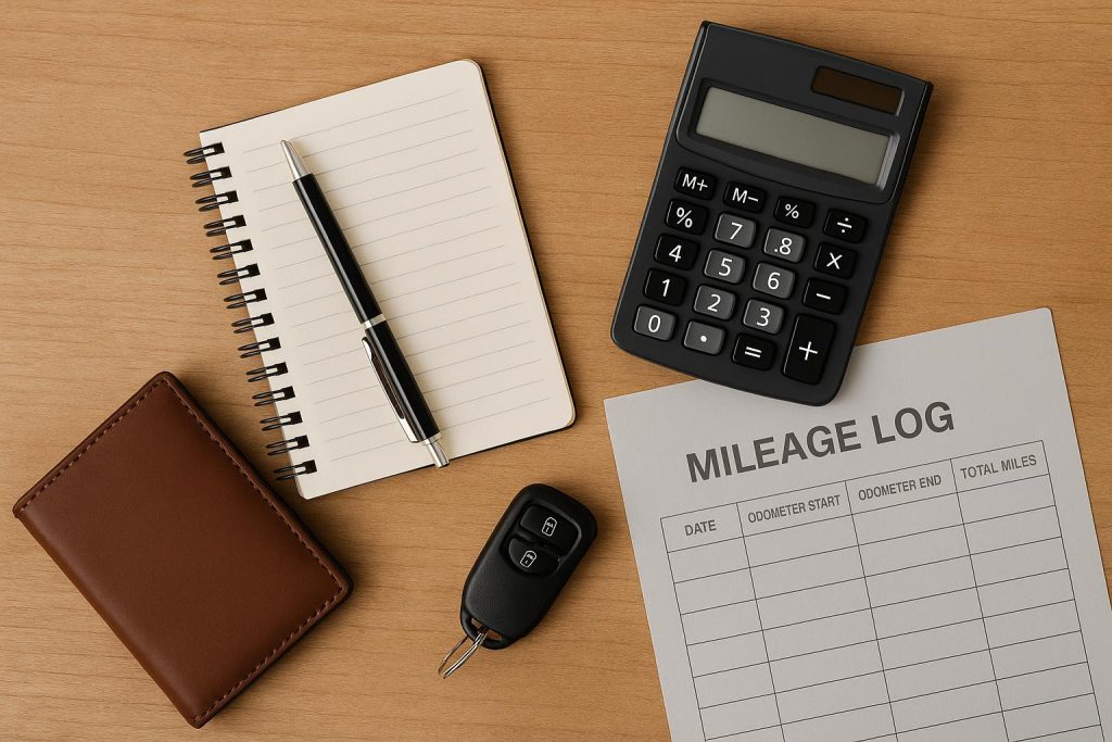 Business owner tracking mileage rates with calculator, ledger, and financial documents on desk