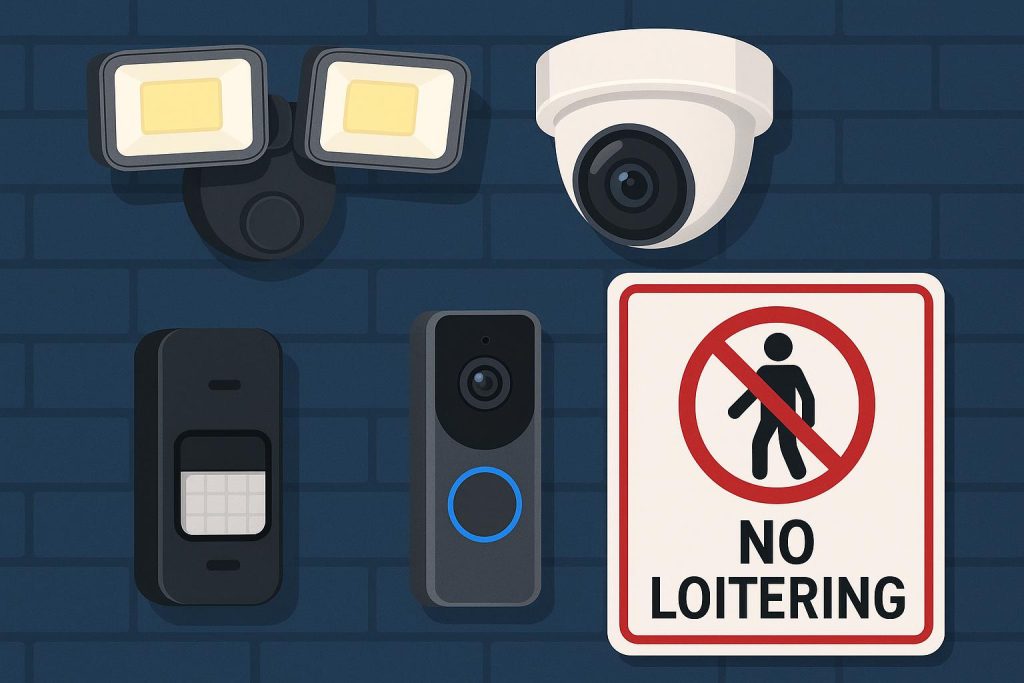 Smart security cameras and sensors monitoring an entrance for loitering prevention technology