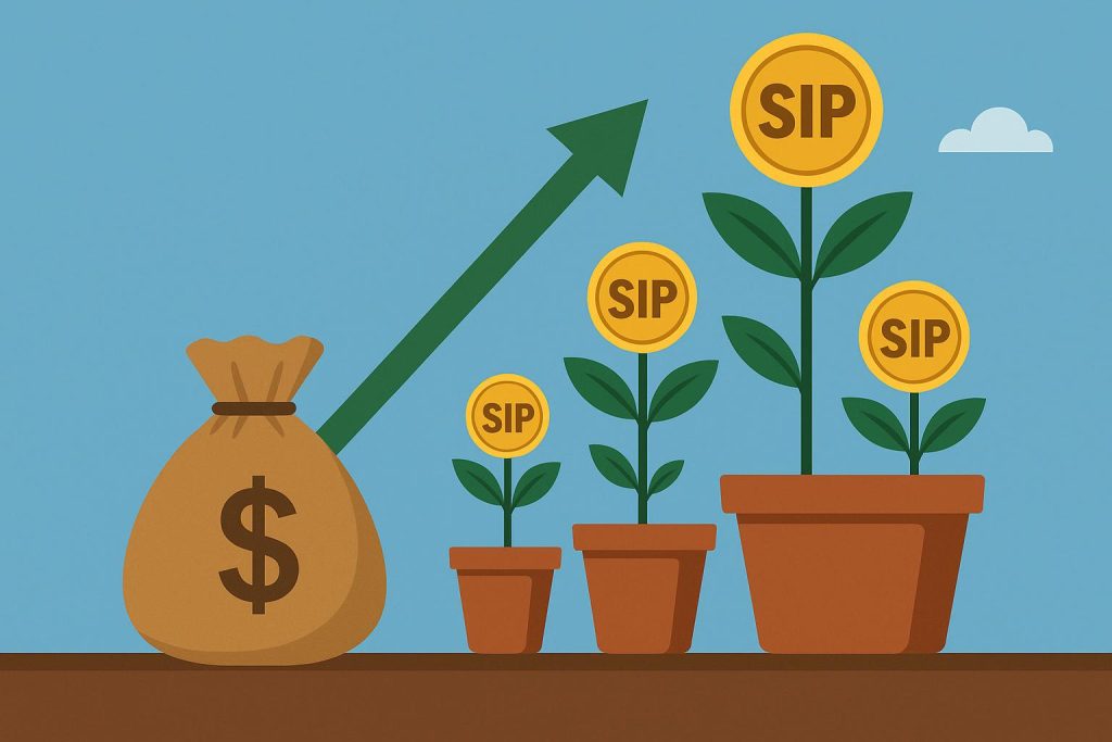 Stack of growing coins with seedling, symbolizing increasing SIP investments as income rises