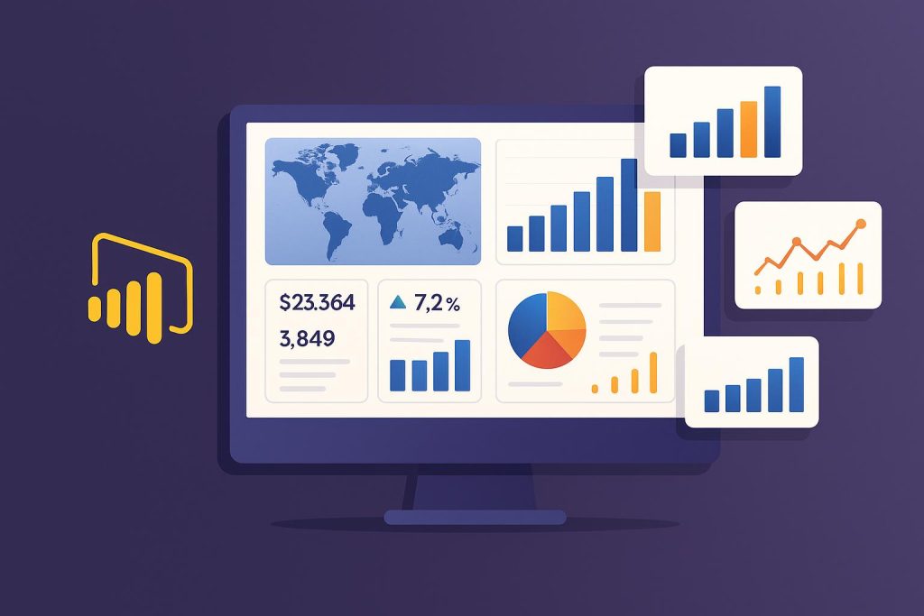 Power BI dashboards showcasing analytics and graphs for business data visualization