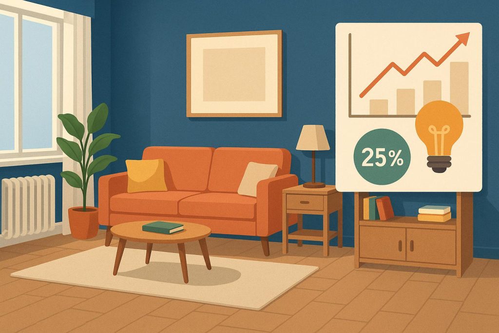 Modern living room furniture arrangement demonstrating energy-efficient home design concepts