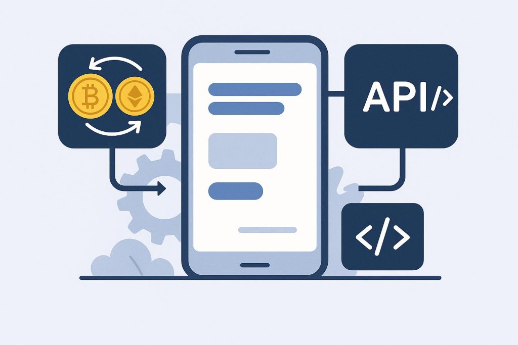 Crypto exchange API integration concept with app interface and digital currency symbols