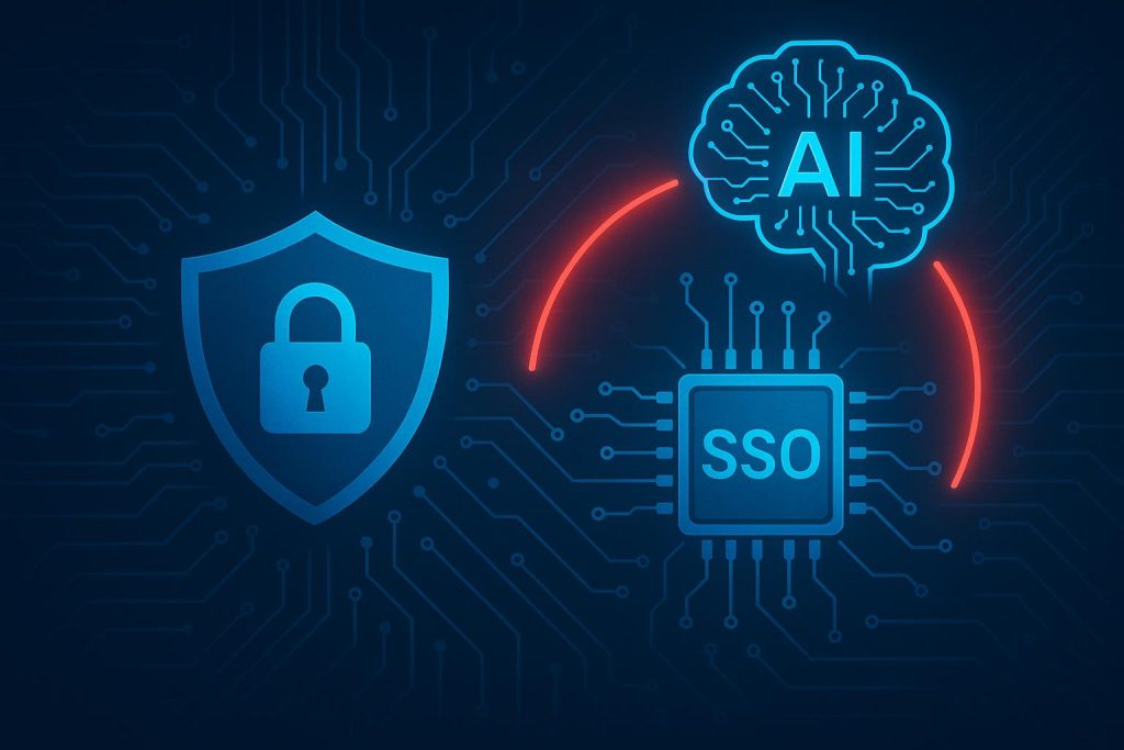 Single sign-on security with AI-powered cyber threats represented by digital lock and network.