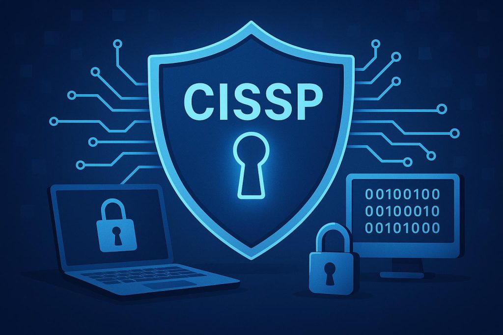 CISSP certification badge with digital security icons representing cybersecurity career advancement