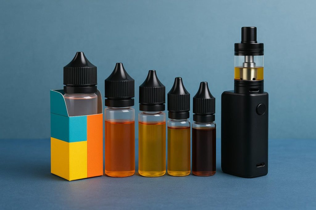 Assorted e-liquid bottles and vape flavors representing popular trends in the UK vaping market