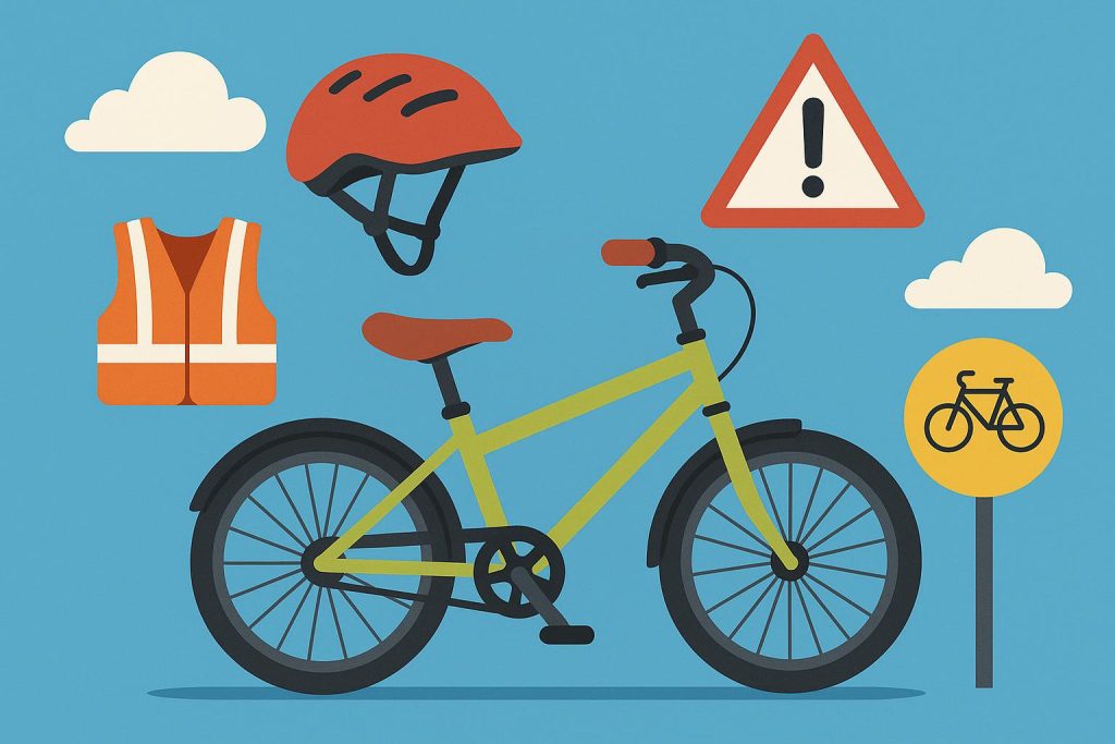 Child wearing helmet riding bicycle safely on a path, demonstrating cycling safety tips for kids