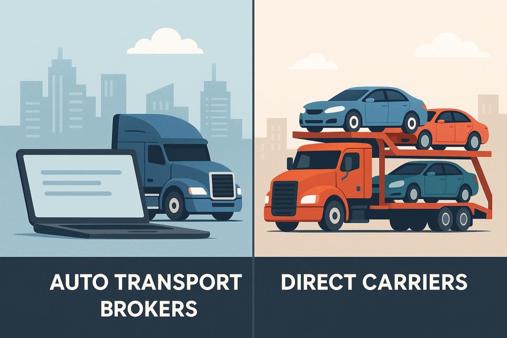 Car carrier truck on highway symbolizing auto transport broker and direct carrier services comparison
