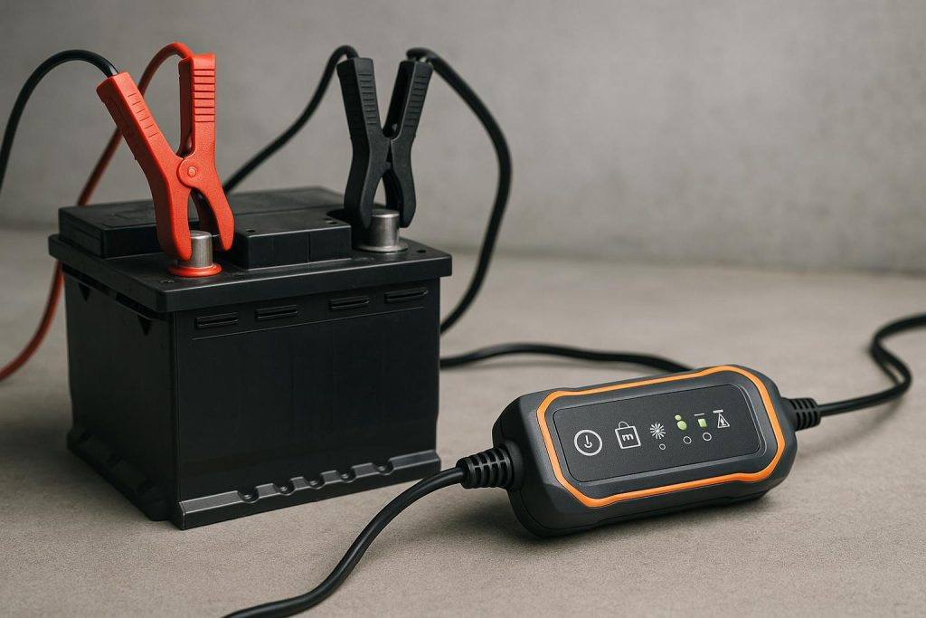 A Beginner’s Introduction to the Smart Battery Maintainer Smart battery maintainer connected to a car battery for beginner-friendly usage demonstration