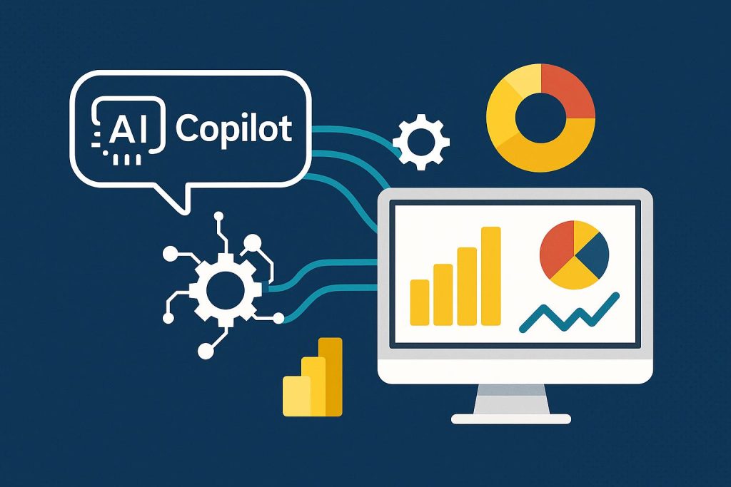 The AI-Enhanced Analyst: Leveraging Copilot and Machine Learning in Power BI Power BI dashboard with AI and machine learning icons illustrating Copilot integration